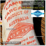 Carcase carcass MUTTON karkas domba kambing Australia MIDFIELD frozen +/- 14kg 150cm (price/kg) PREORDER 2-3 days notice